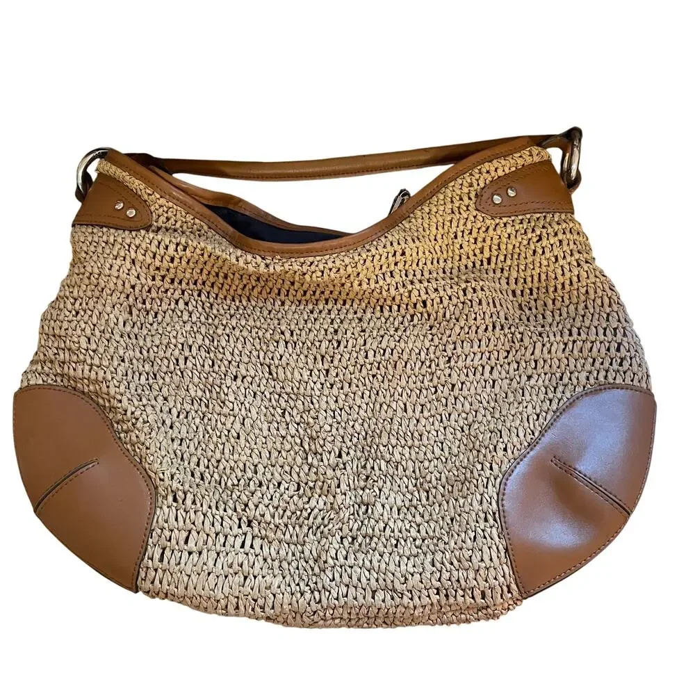 Lauren Ralph Lauren Straw Hobo Shoulder Bag Tan Brown Leather Trim Slouchy Purse